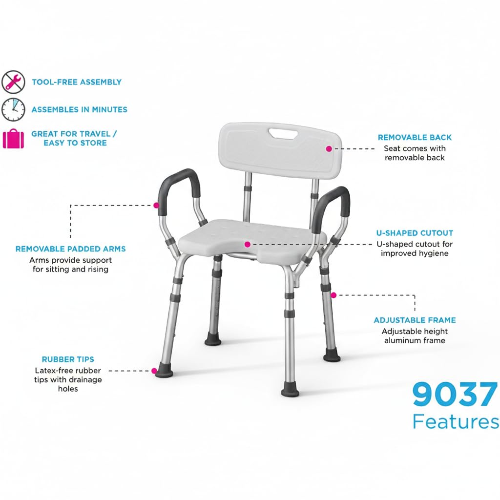 Bath & Shower Seat with U-Shaped Cutout, Padded Removable Arms & Back Z206