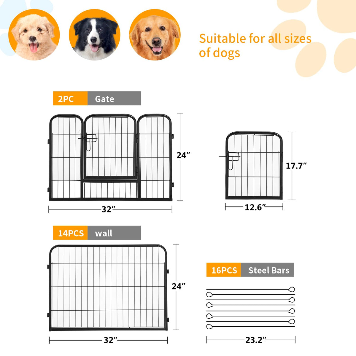 16 Panel 24 Inch Black Metal Dog Playpen B447069