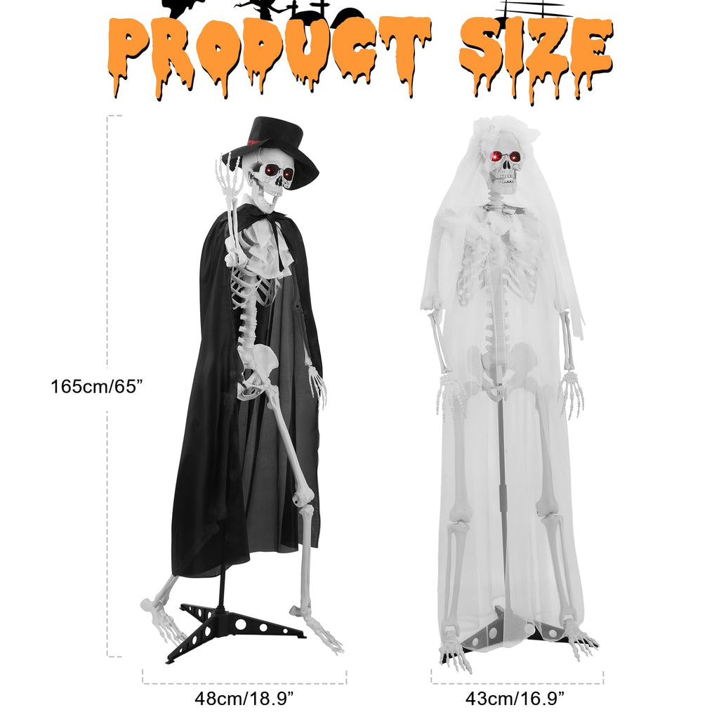 2 Pack Life Size Skeleton Bride and Groom with LED Glowing Eyes and Movable Joints I103