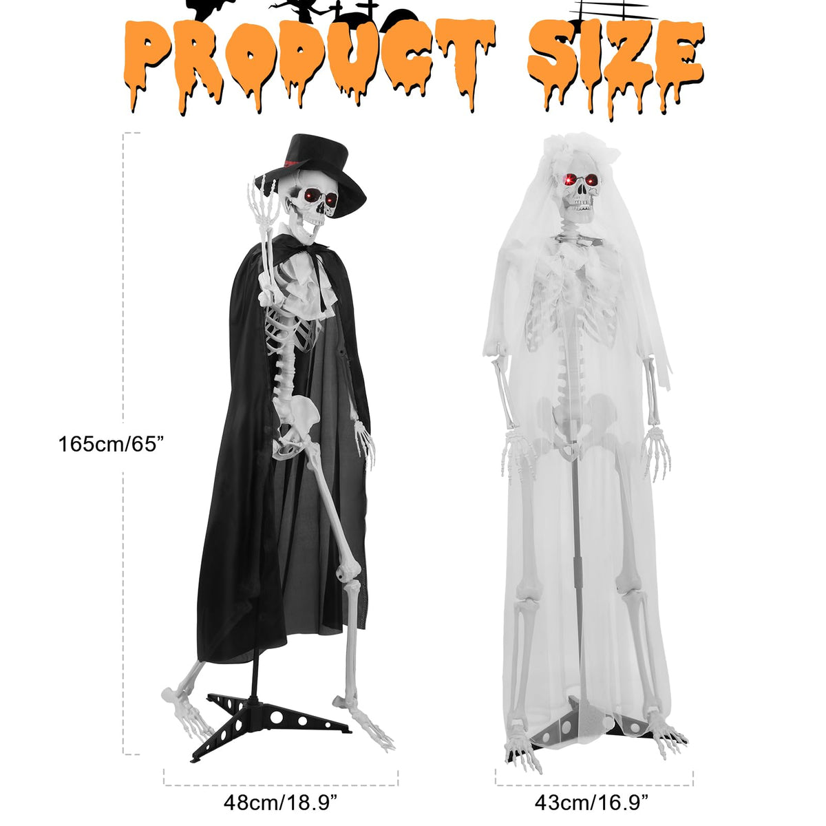 2 Pack Life Size Skeleton Bride and Groom with LED Glowing Eyes and Movable Joints I103