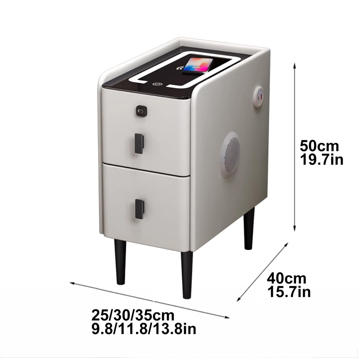 White Smart Nightstand with Fingerprint Lock, Wireless Charging, Speaker, USB Port, 3 LED Lights, 2 Storage Drawers Q62262