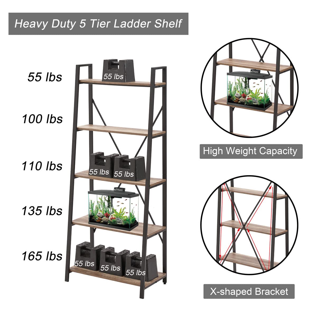 5 Tier Wood and Metal Ladder Bookshelf U699617