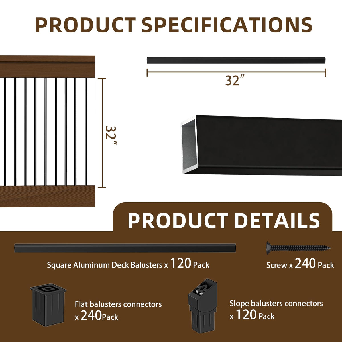 120 Pack 32" Black Aluminum Deck Balusters K695