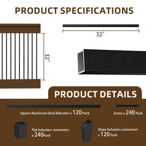 120 Pack 32" Black Aluminum Deck Balusters K695