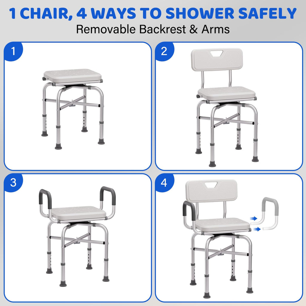 360° Swivel Shower Chair with Arms and Back, Adjustable Non-Slip V79742