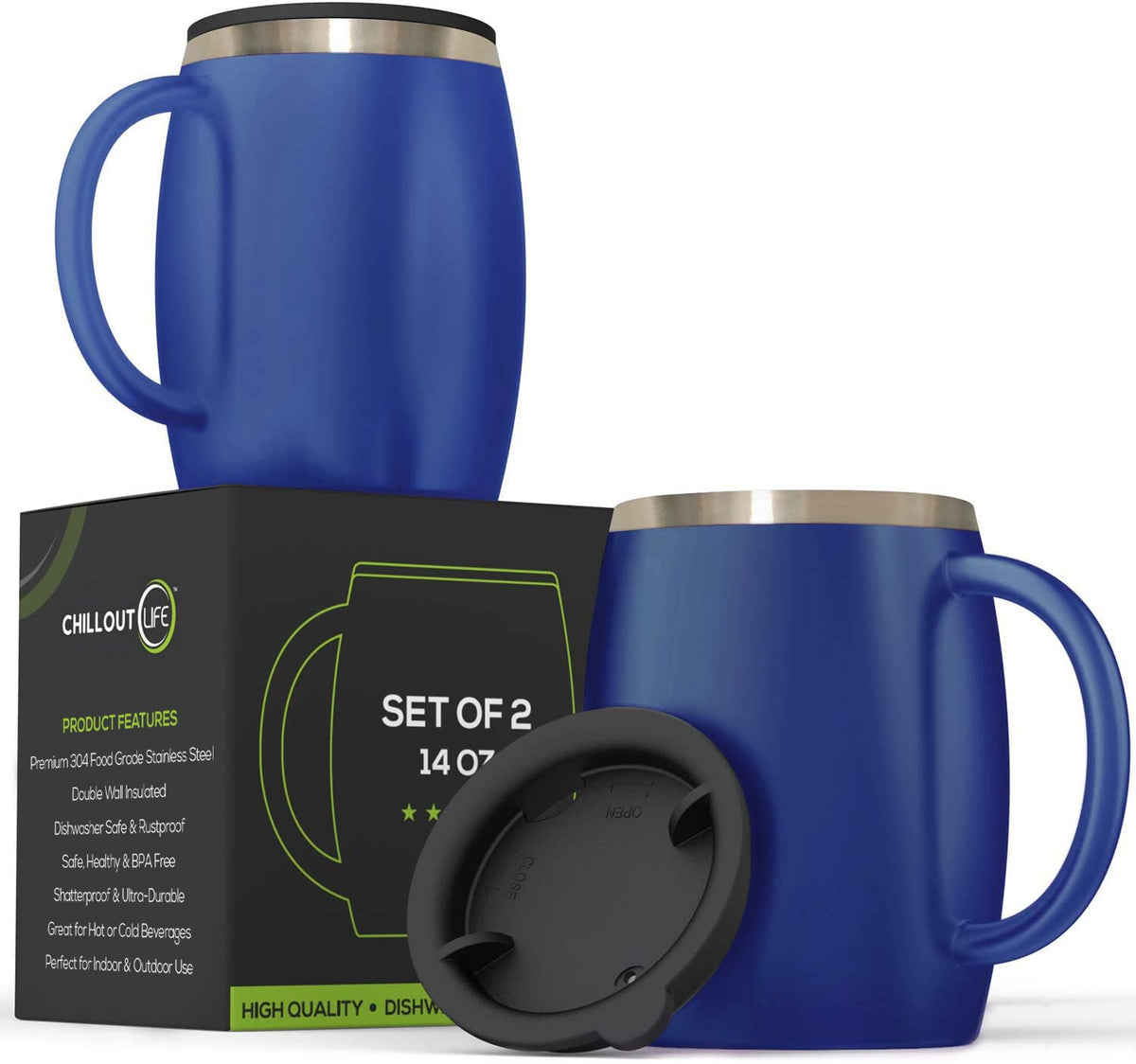 Stainless Steel Insulated Coffee Mugs Set of 2 14oz J342