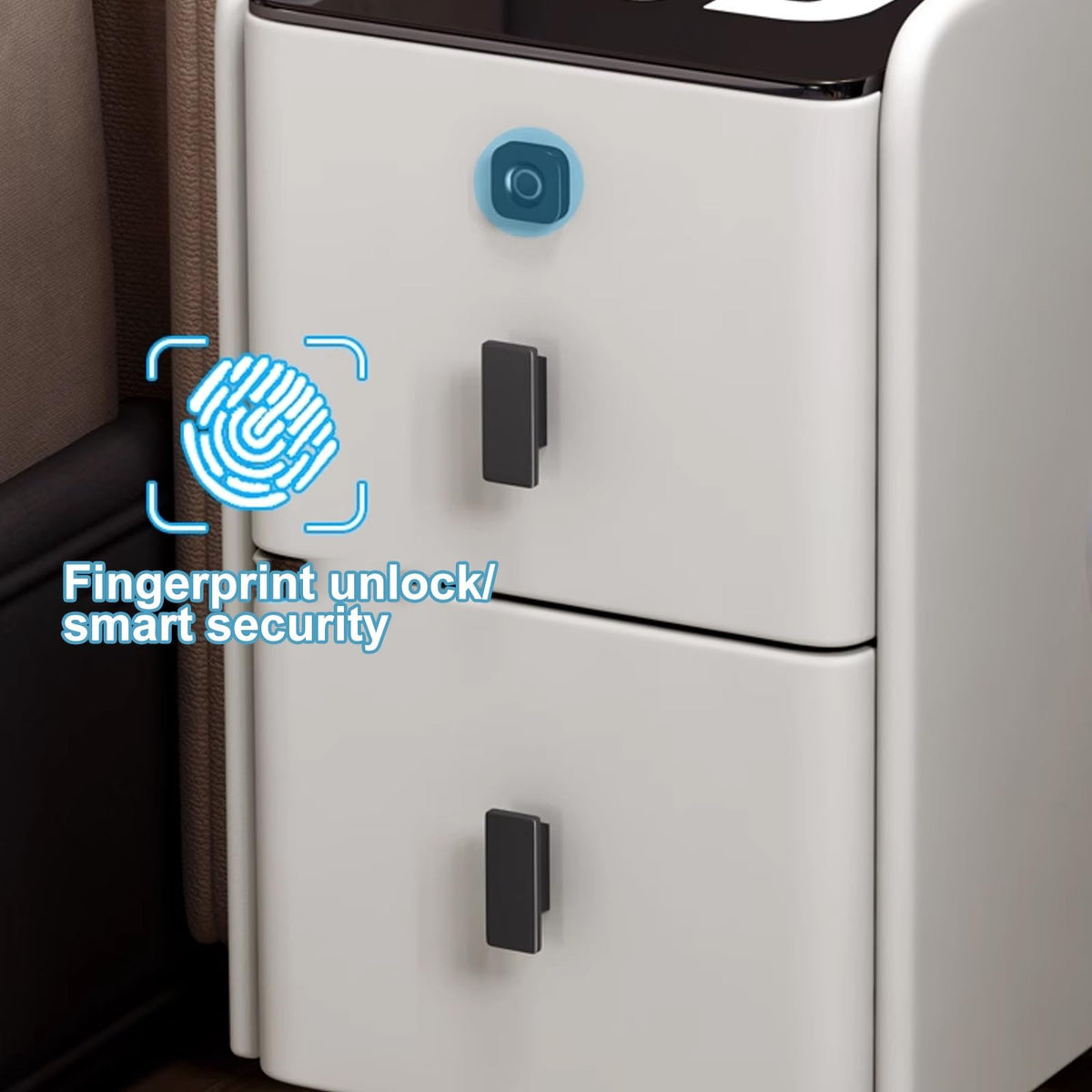 White Smart Nightstand with Fingerprint Lock, Wireless Charging, Speaker, USB Port, 3 LED Lights, 2 Storage Drawers Q62262