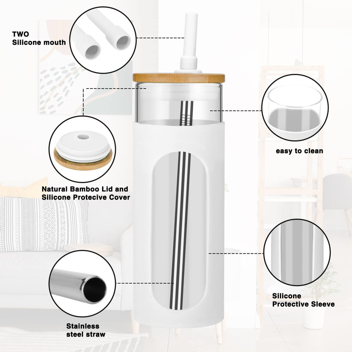22 oz Glass Tumbler with Lid and Straw H8094