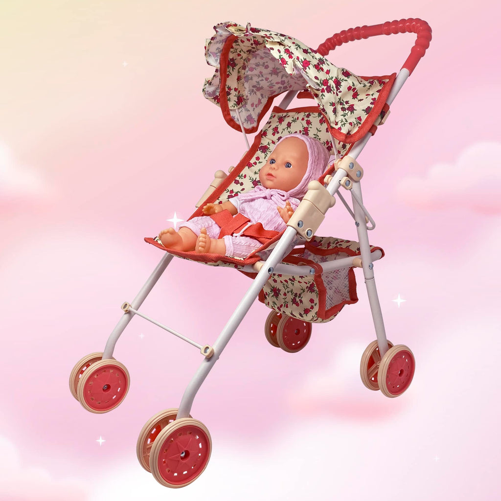 Baby Doll Stroller with Storage Basket, Foldable Frame, Canopy, Seatbelt N695653