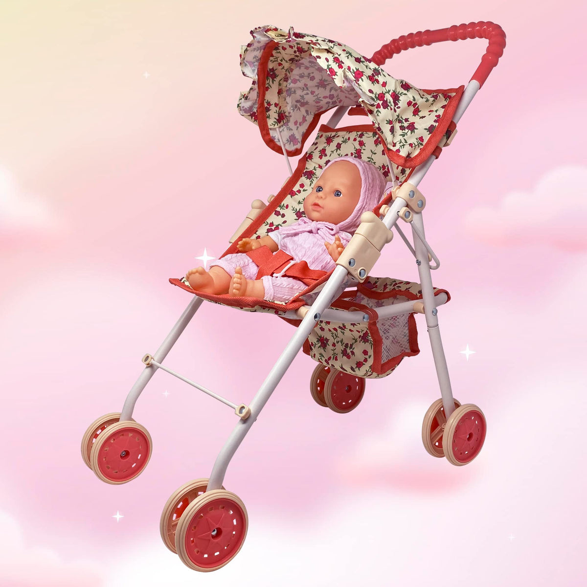 Baby Doll Stroller with Storage Basket, Foldable Frame, Canopy, Seatbelt N695653