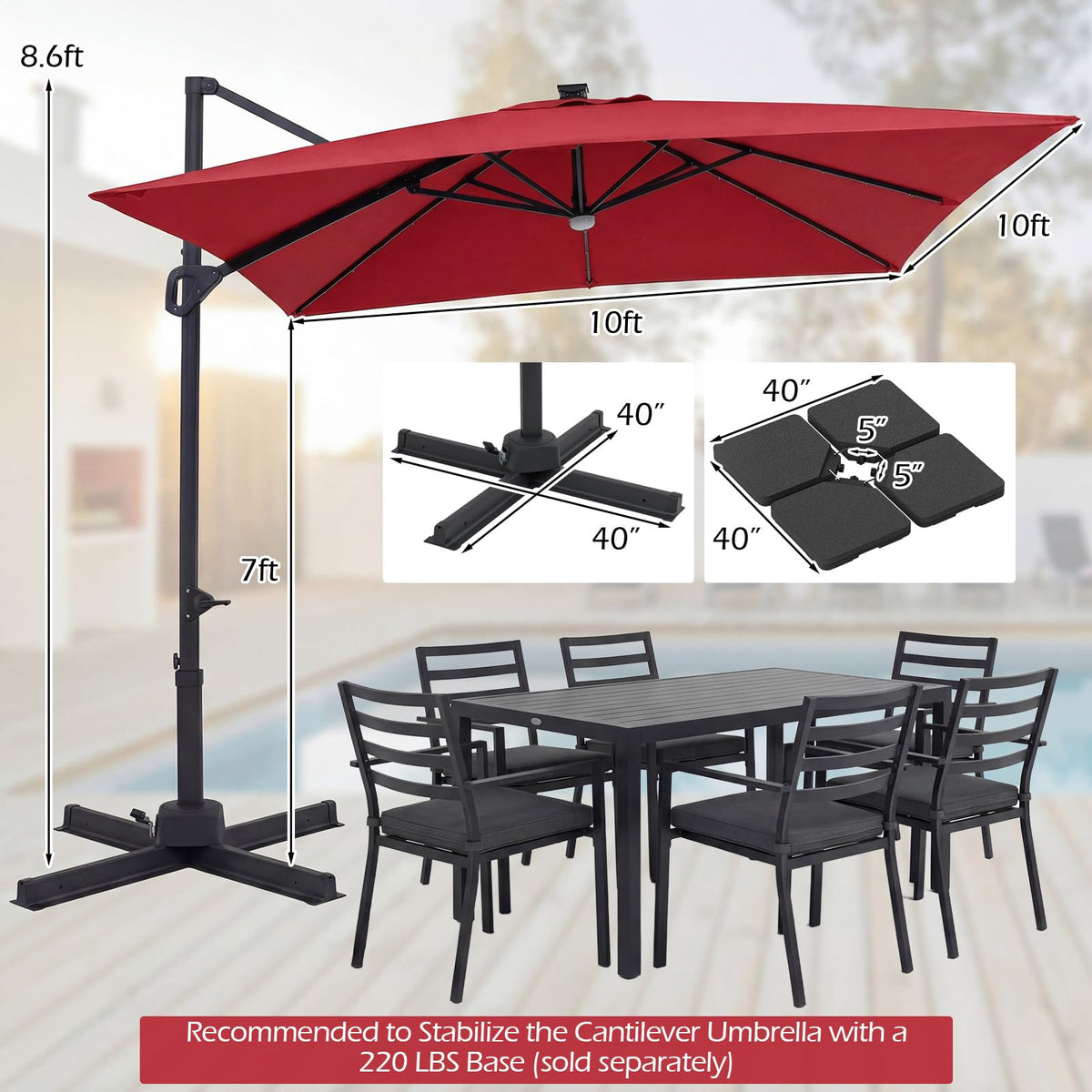 10ft Solar LED Patio Umbrella with Aluminum Pole J837425