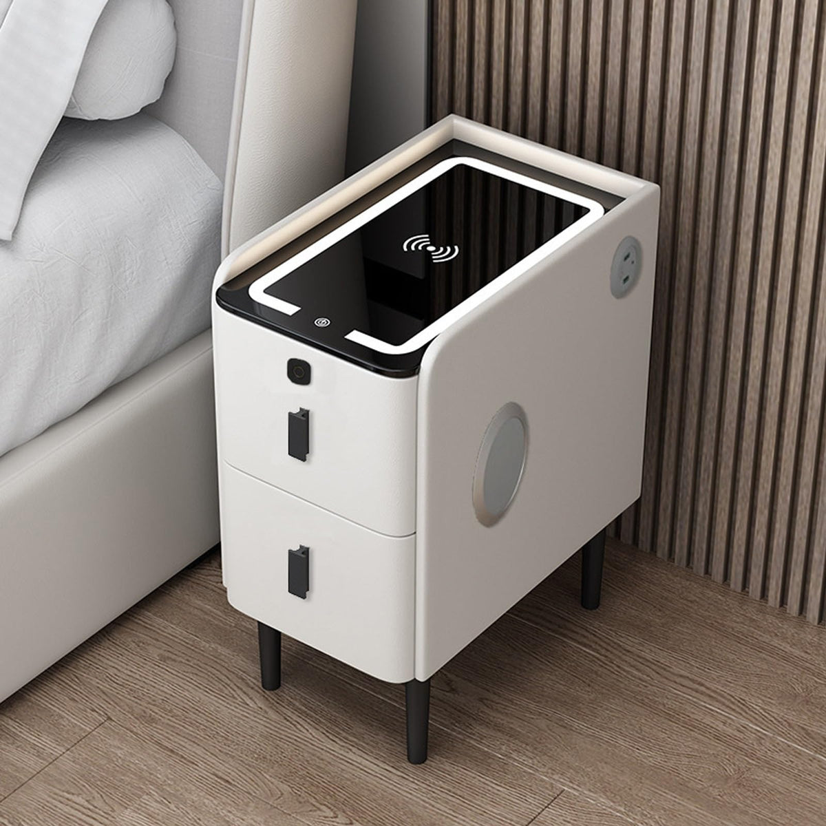White Smart Nightstand with Fingerprint Lock, Wireless Charging, Speaker, USB Port, 3 LED Lights, 2 Storage Drawers Q62262