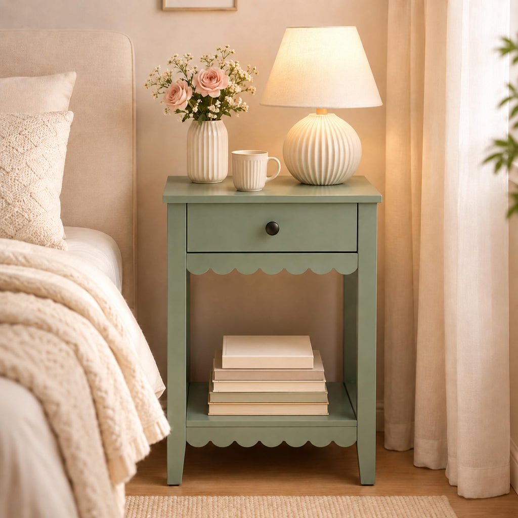 Scalloped Nightstands Side End Table with Drawer & Open Shelf I740010