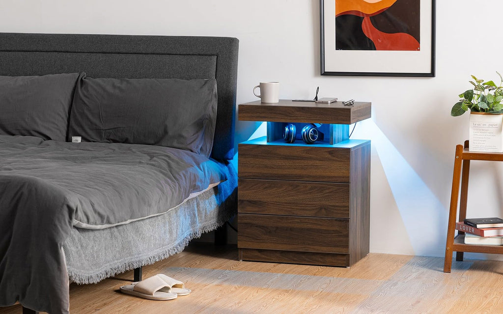 Rustic Brown 3 Drawer Nightstand with Wireless Charging Station X184