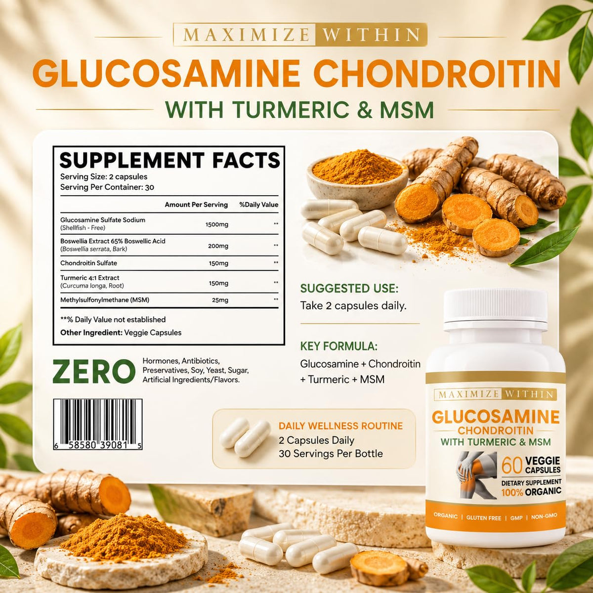 Glucosamine Chondroitin Turmeric MSM 60 Veggie Capsules K154078