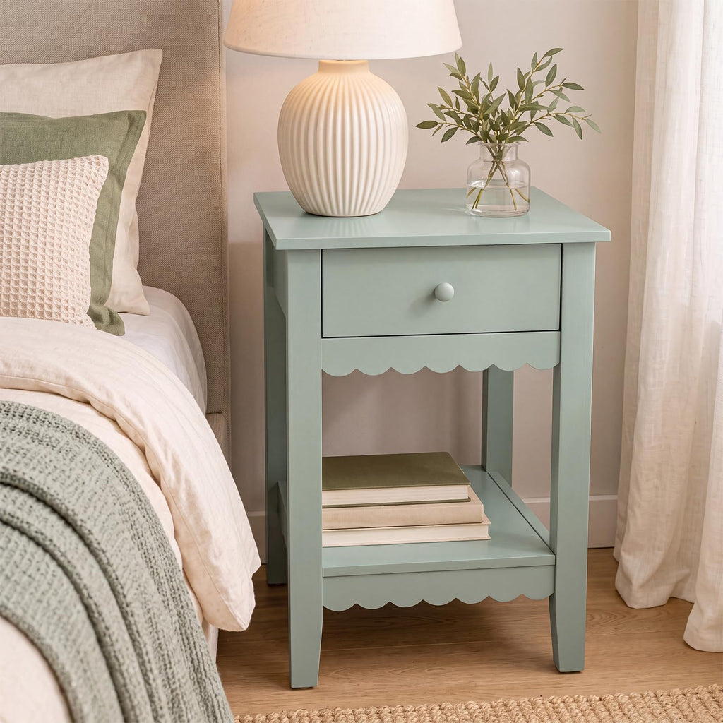 Scalloped Nightstands Side End Table with Drawer & Open Shelf I740010
