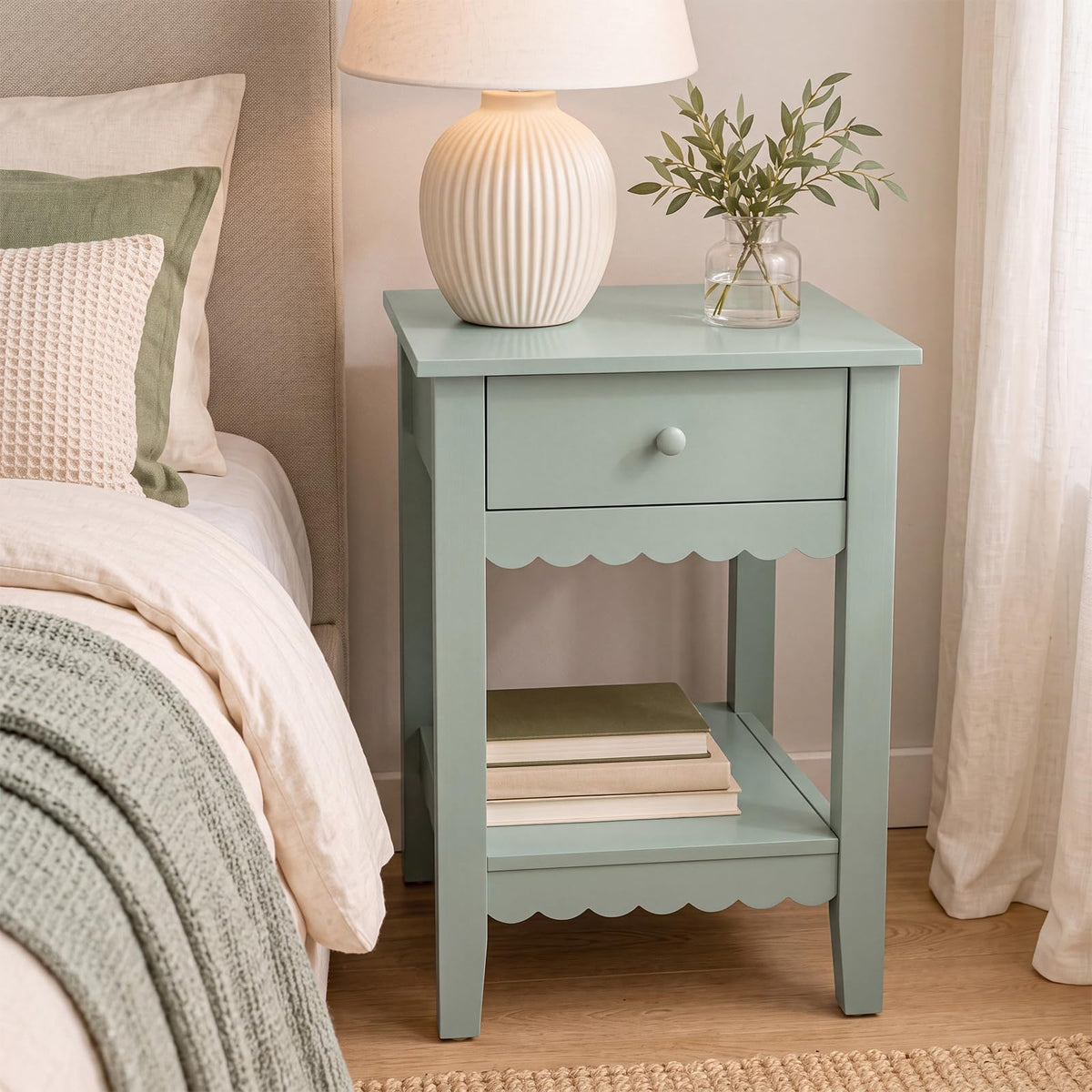 Scalloped Nightstands Side End Table with Drawer & Open Shelf I740010