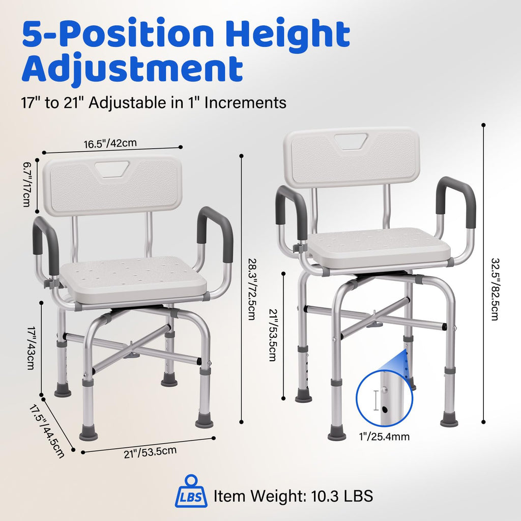 360° Swivel Shower Chair with Arms and Back, Adjustable Non-Slip V79742