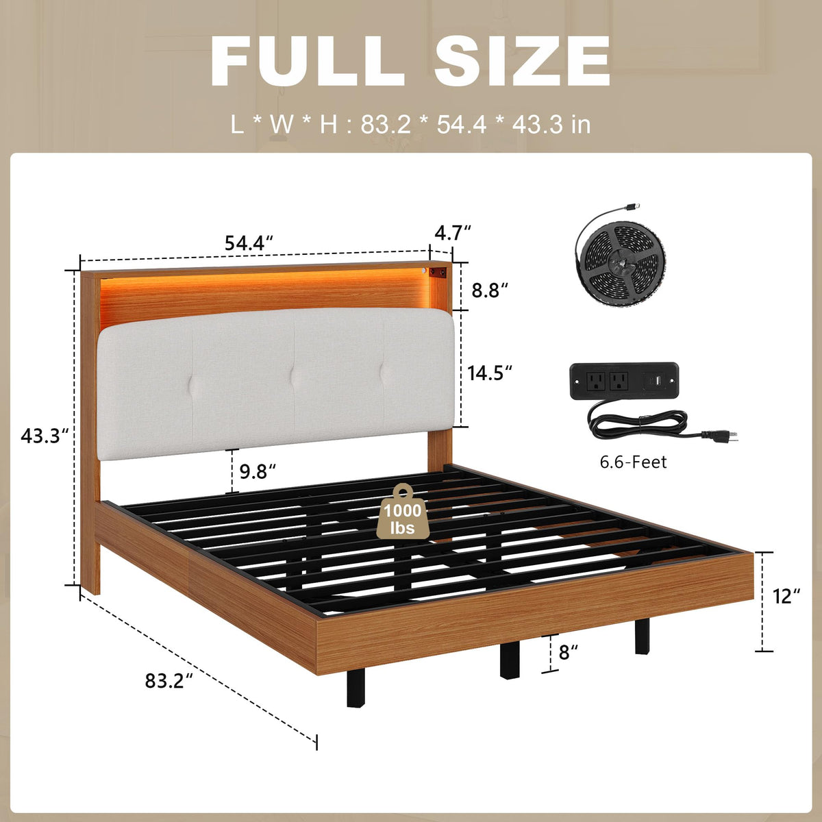 Full Size Floating Bed Frame with LED Light and Charging Station V900009