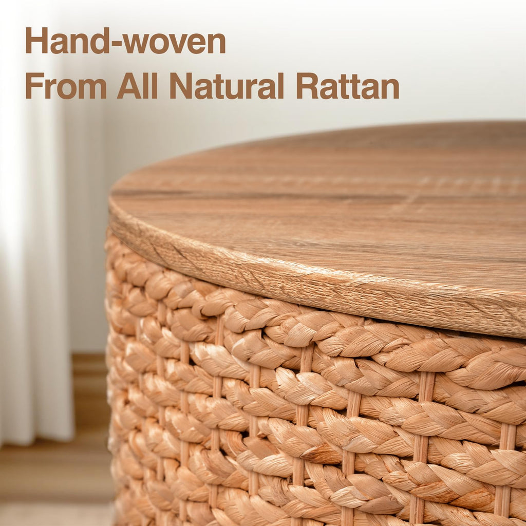 Round Nesting Coffee Table Set of 2 with Storage Wicker Rattan Wood Frame Z726715