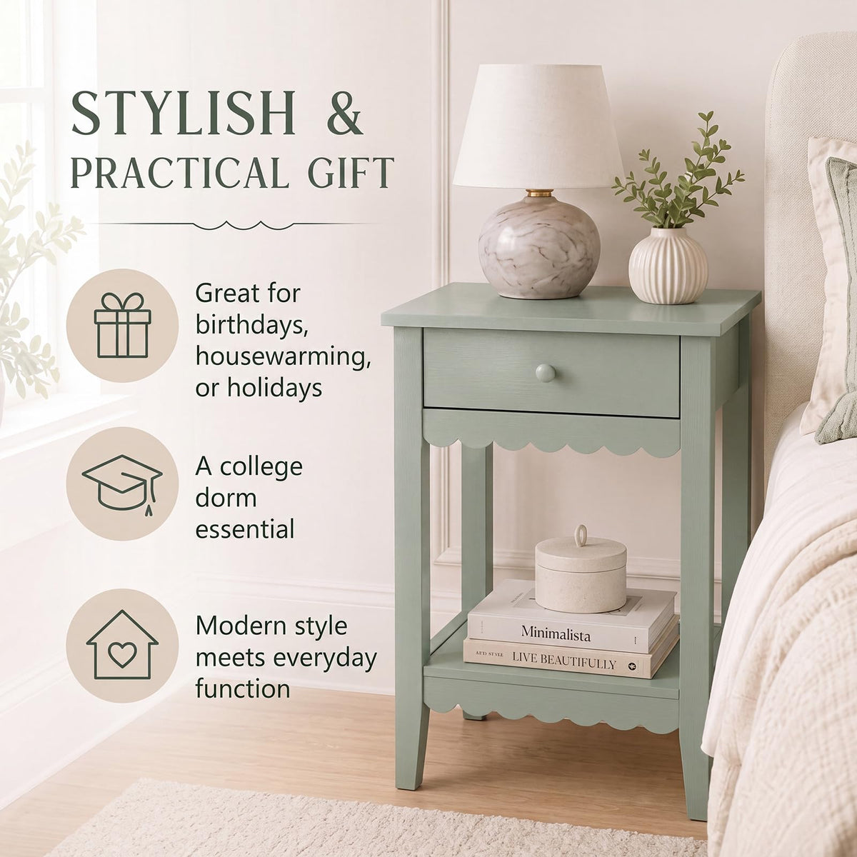 Scalloped Nightstands Side End Table with Drawer & Open Shelf I740010