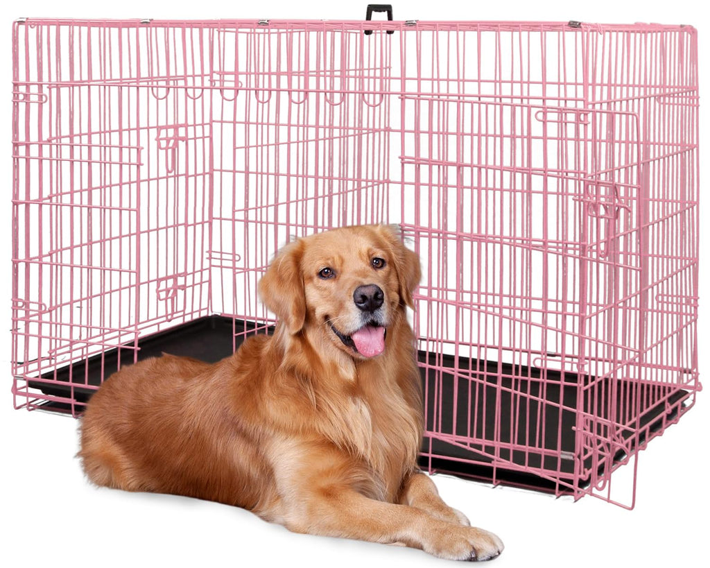 48 Inch Extra Large Pink Folding Metal Wire Dog Crate with Divider Panel R534