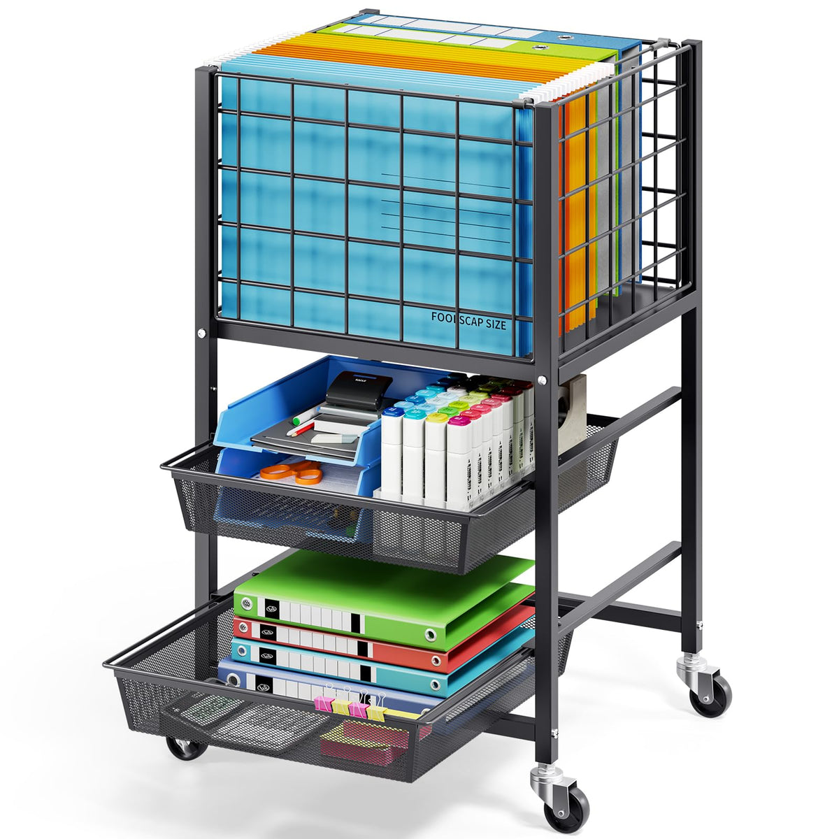 3-Tier Metal Rolling File Cart with 2 Sliding Trays Black U681075