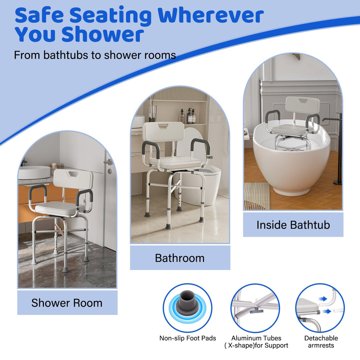 360° Swivel Shower Chair with Arms and Back, Adjustable Non-Slip V79742