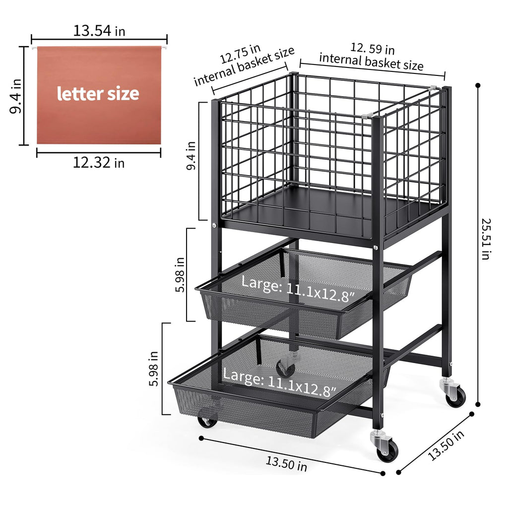 3-Tier Metal Rolling File Cart with 2 Sliding Trays Black U681075