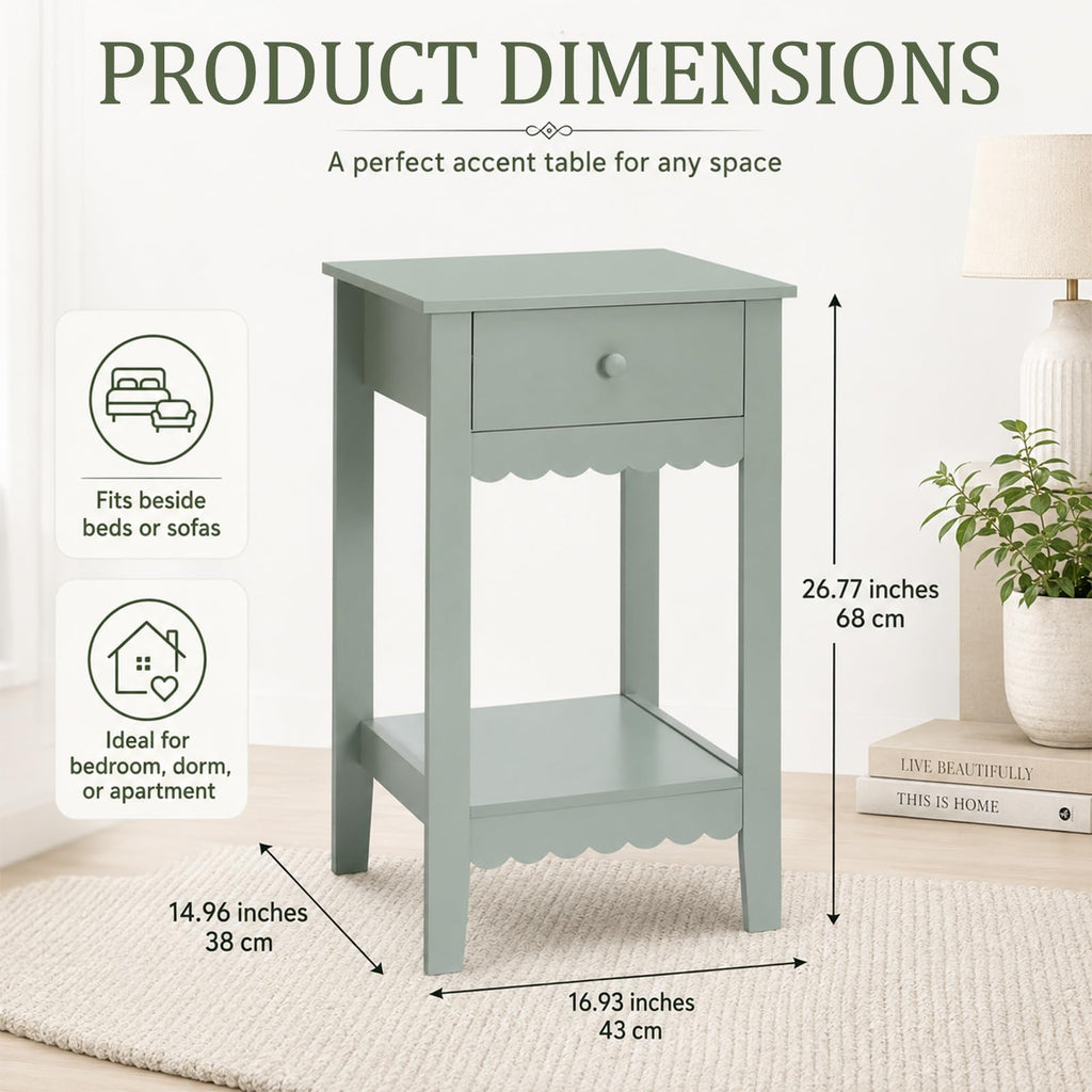 Scalloped Nightstands Side End Table with Drawer & Open Shelf I740010