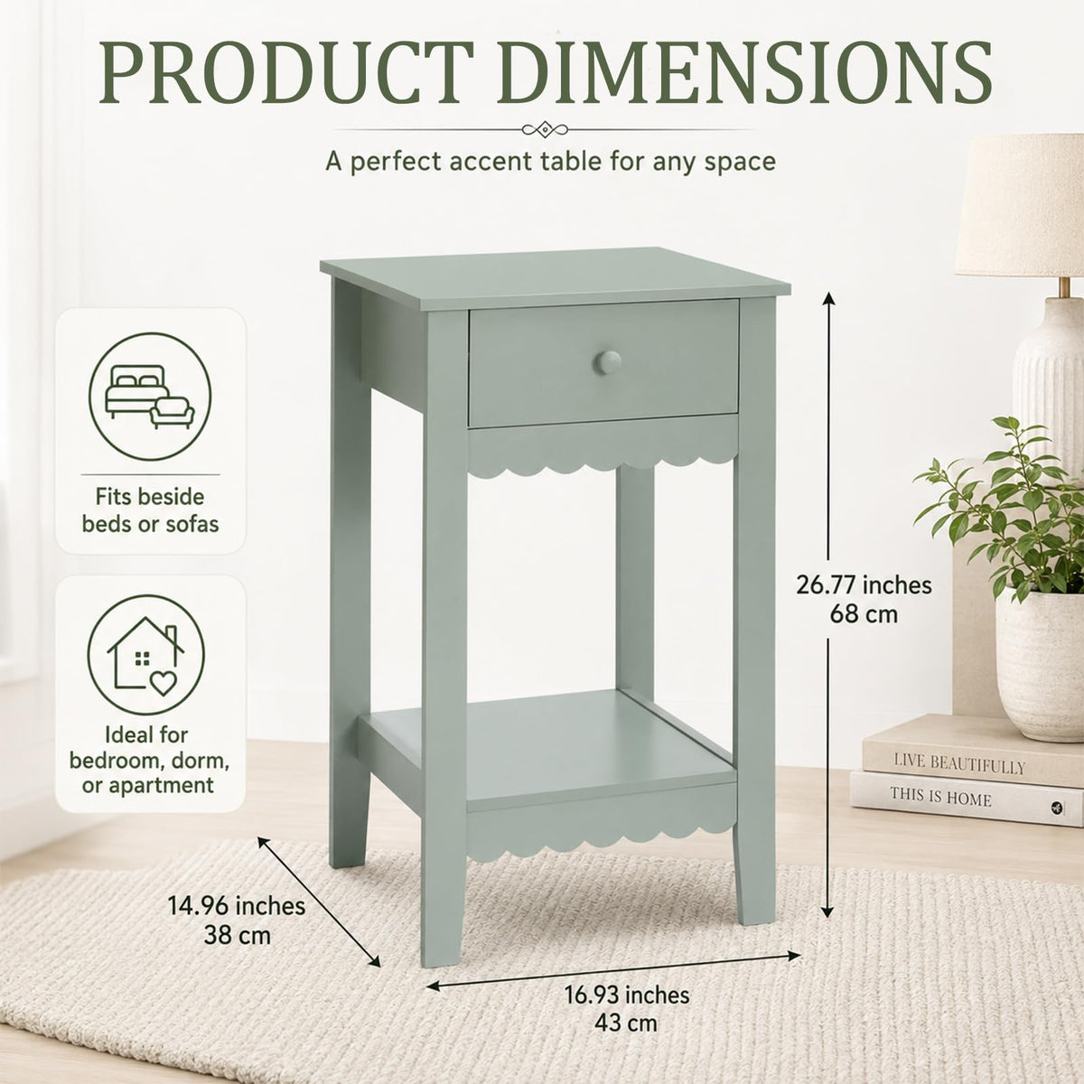Scalloped Nightstands Side End Table with Drawer & Open Shelf I740010