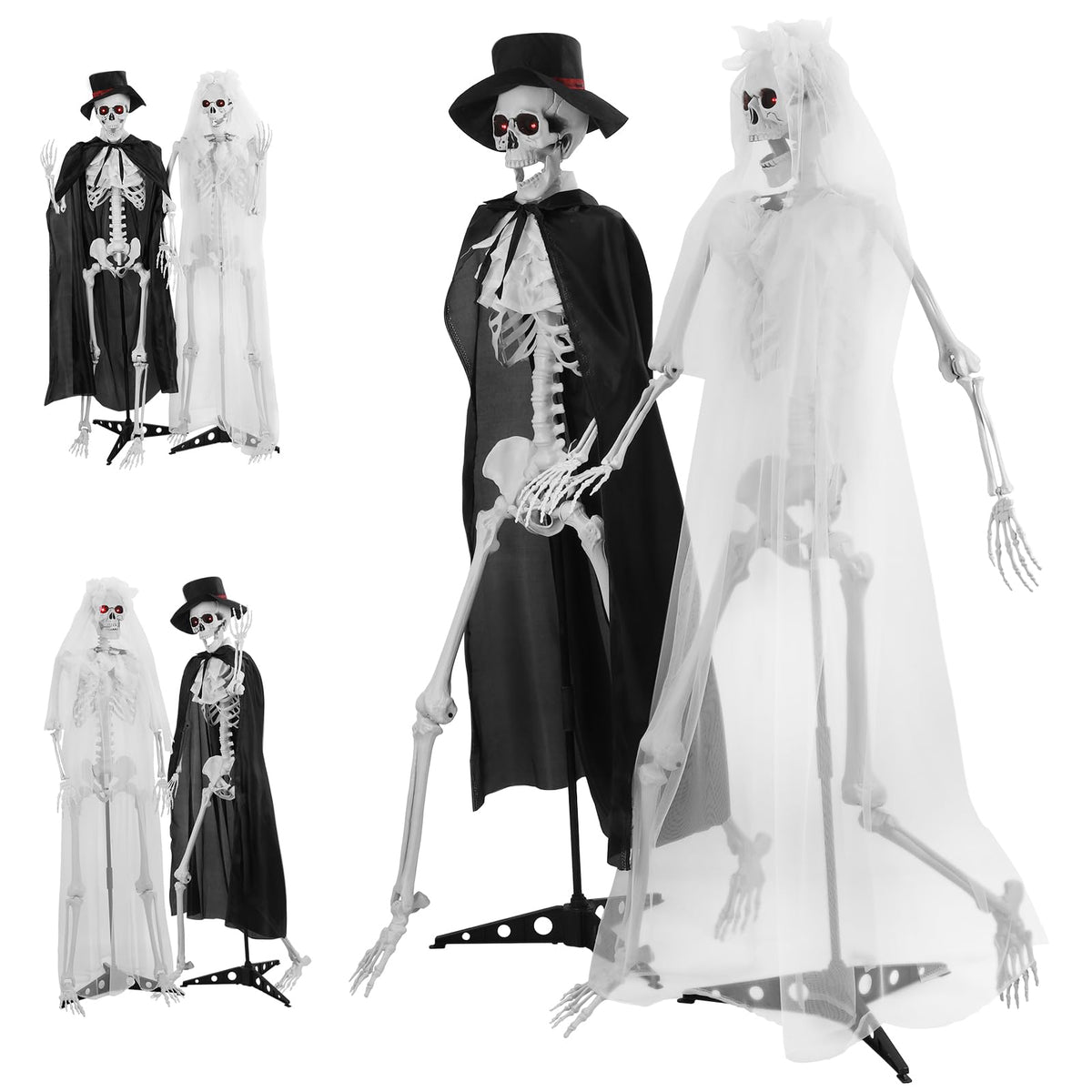 2 Pack Life Size Skeleton Bride and Groom with LED Glowing Eyes and Movable Joints I103