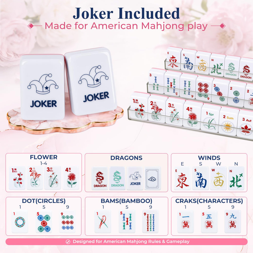 American Mahjong Set 166 Mini 0.8-Inch Tiles 4 Racks Pink W988