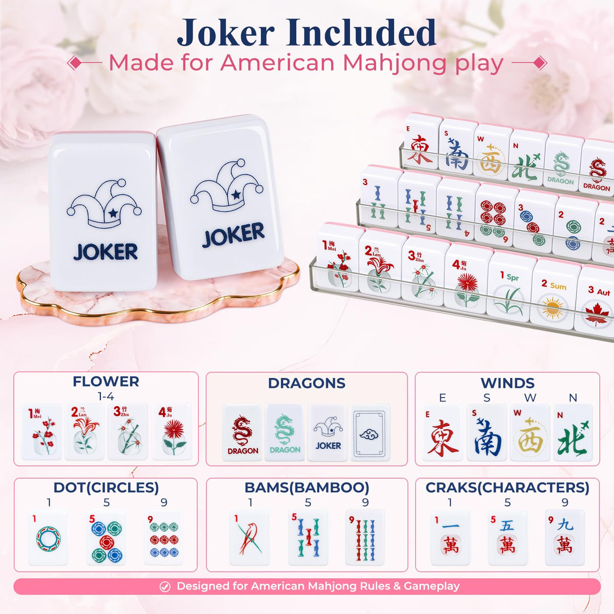 American Mahjong Set 166 Mini 0.8-Inch Tiles 4 Racks Pink W988