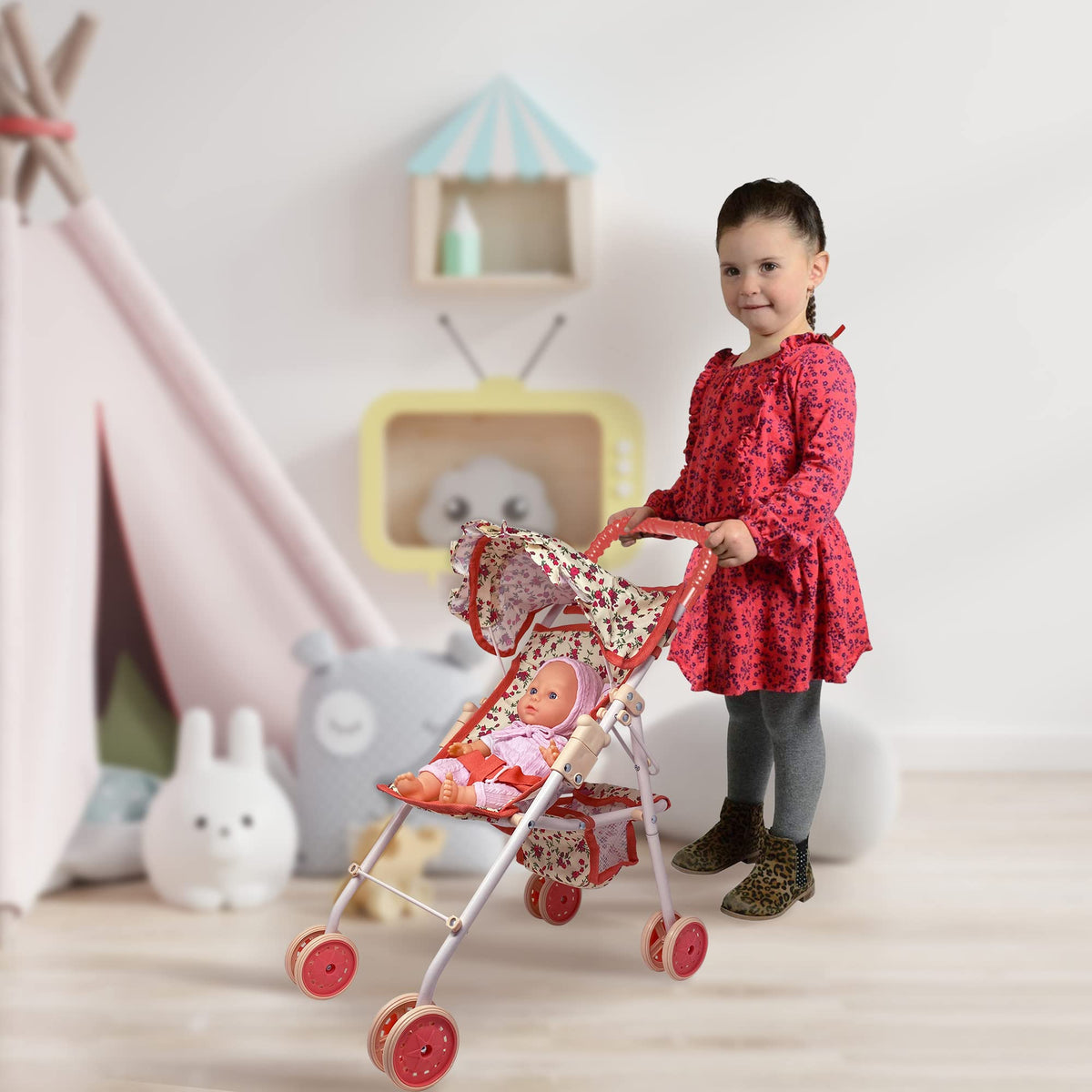 Baby Doll Stroller with Storage Basket, Foldable Frame, Canopy, Seatbelt N695653