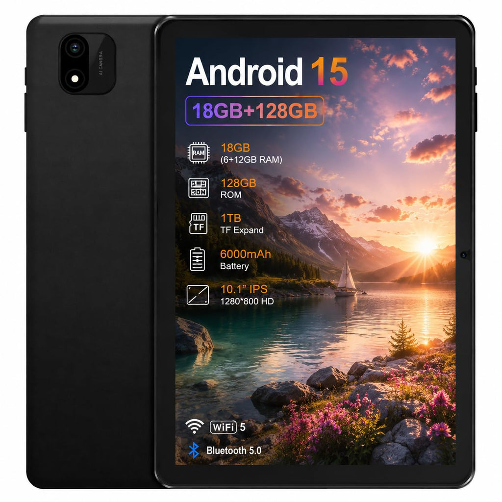 Android 15 Tablet, 10.1 Inch 18GB RAM 128GB ROM, 1TB Expandable, 1280 * 800 HD Display, 5G WiFi, BT5, 6000mAh Battery, GMS A7929