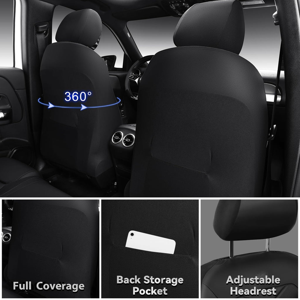 Water Resistant Faux Leather Seat Covers Full Set with Lumbar Support Solid Black K393