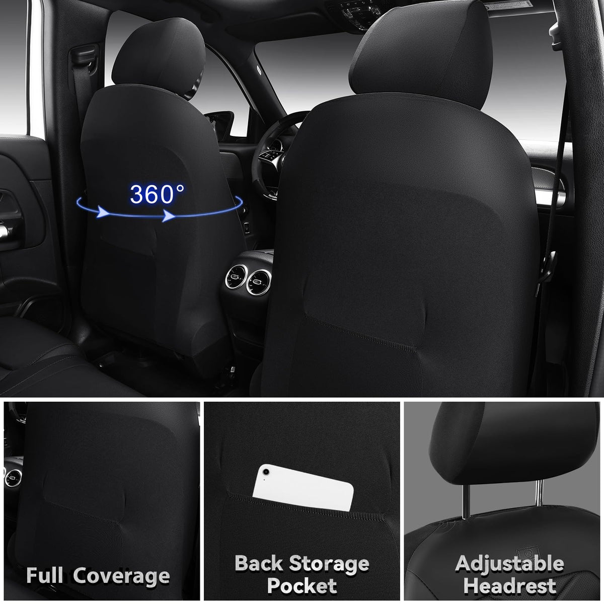 Water Resistant Faux Leather Seat Covers Full Set with Lumbar Support Solid Black K393