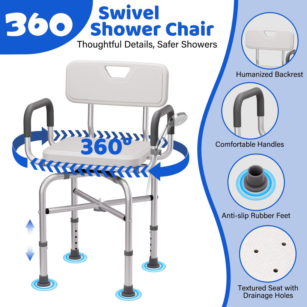 360° Swivel Shower Chair with Arms and Back, Adjustable Non-Slip V79742