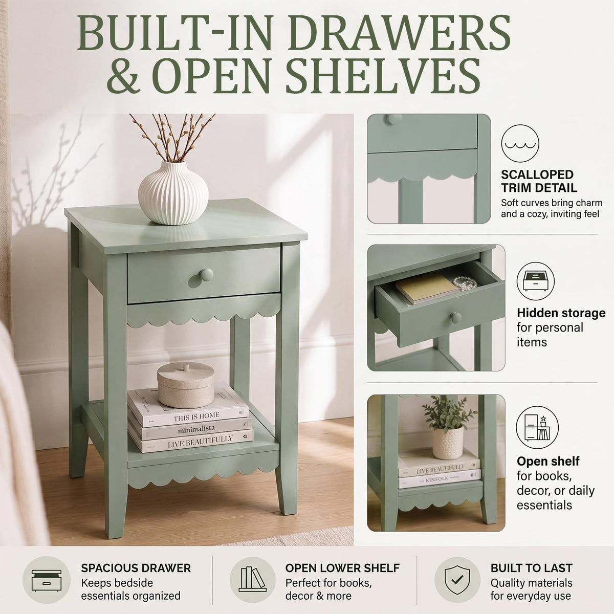 Scalloped Nightstands Side End Table with Drawer & Open Shelf I740010