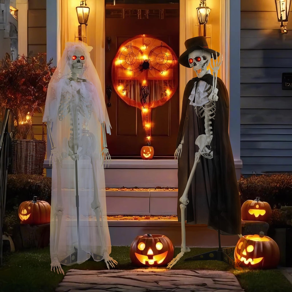 2 Pack Life Size Skeleton Bride and Groom with LED Glowing Eyes and Movable Joints I103