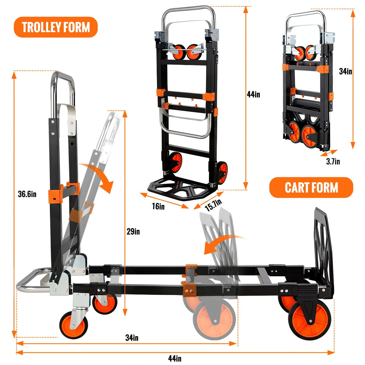3-in-1 Convertible Hand Truck 600 lb 4 Wheels Orange Q665622