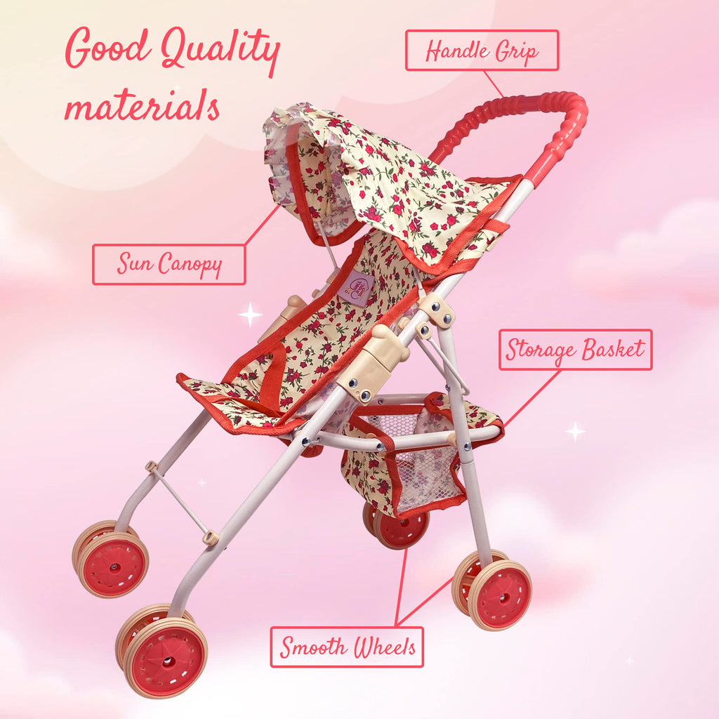 Baby Doll Stroller with Storage Basket, Foldable Frame, Canopy, Seatbelt N695653