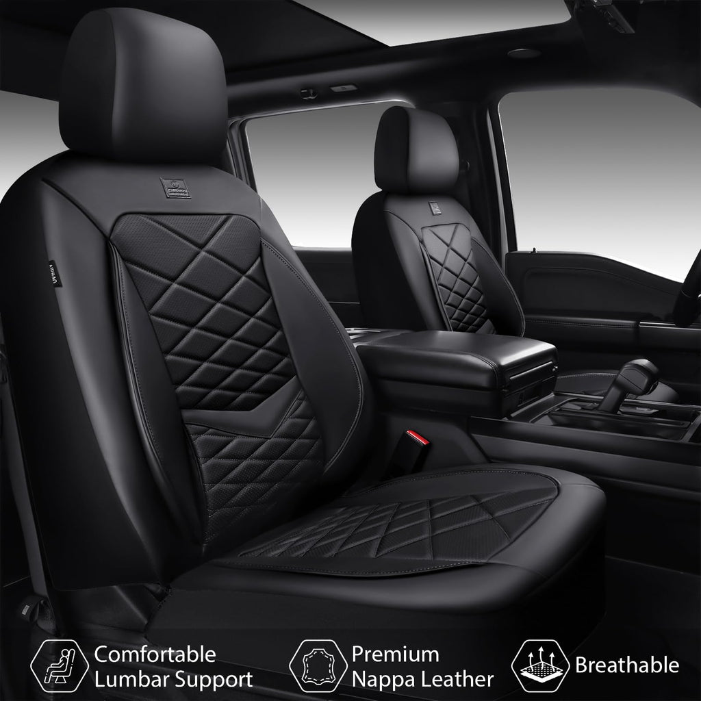Water Resistant Faux Leather Seat Covers Full Set with Lumbar Support Solid Black K393