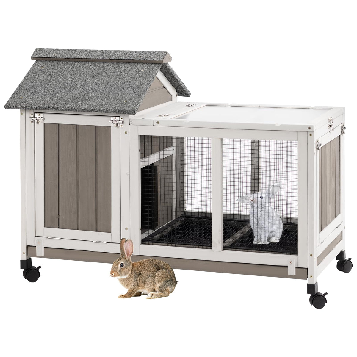 38.19"L Wooden Rabbit Hutch with 4 Wheels and Pull Out Tray S92145