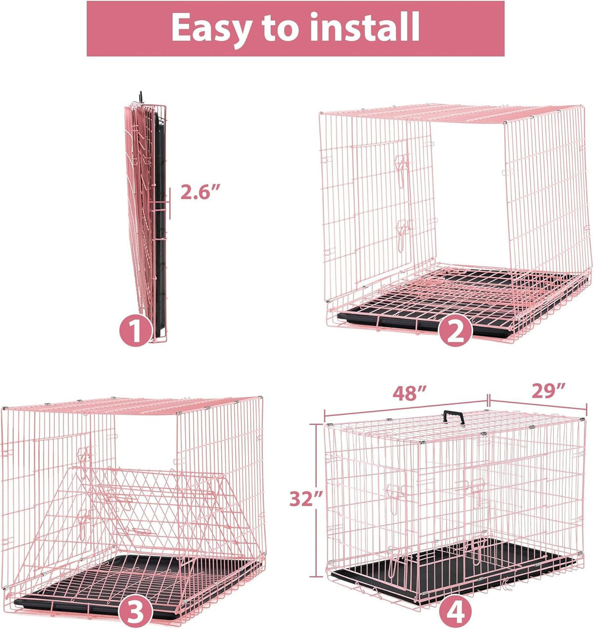 48 Inch Extra Large Pink Folding Metal Wire Dog Crate with Divider Panel R534