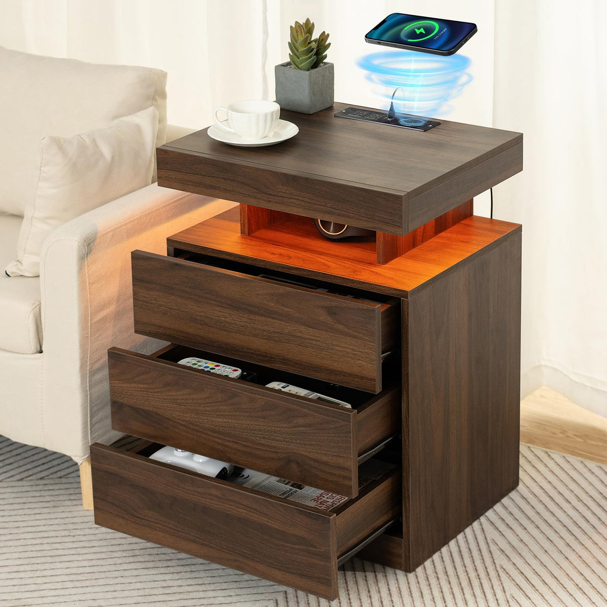 Rustic Brown 3 Drawer Nightstand with Wireless Charging Station X184