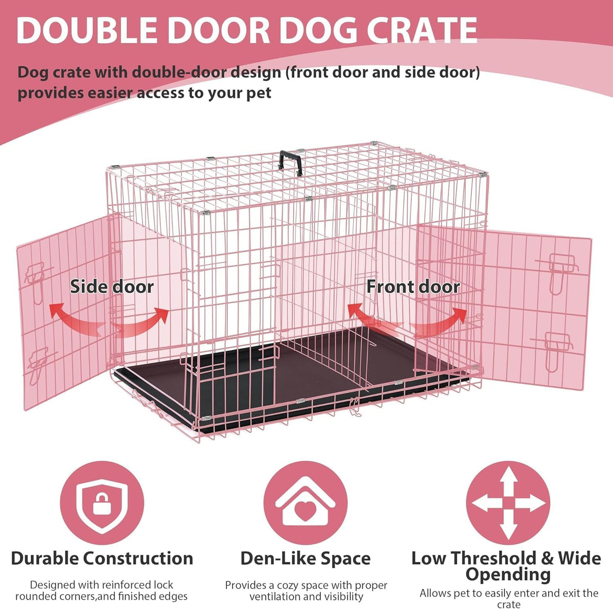 48 Inch Extra Large Pink Folding Metal Wire Dog Crate with Divider Panel R534