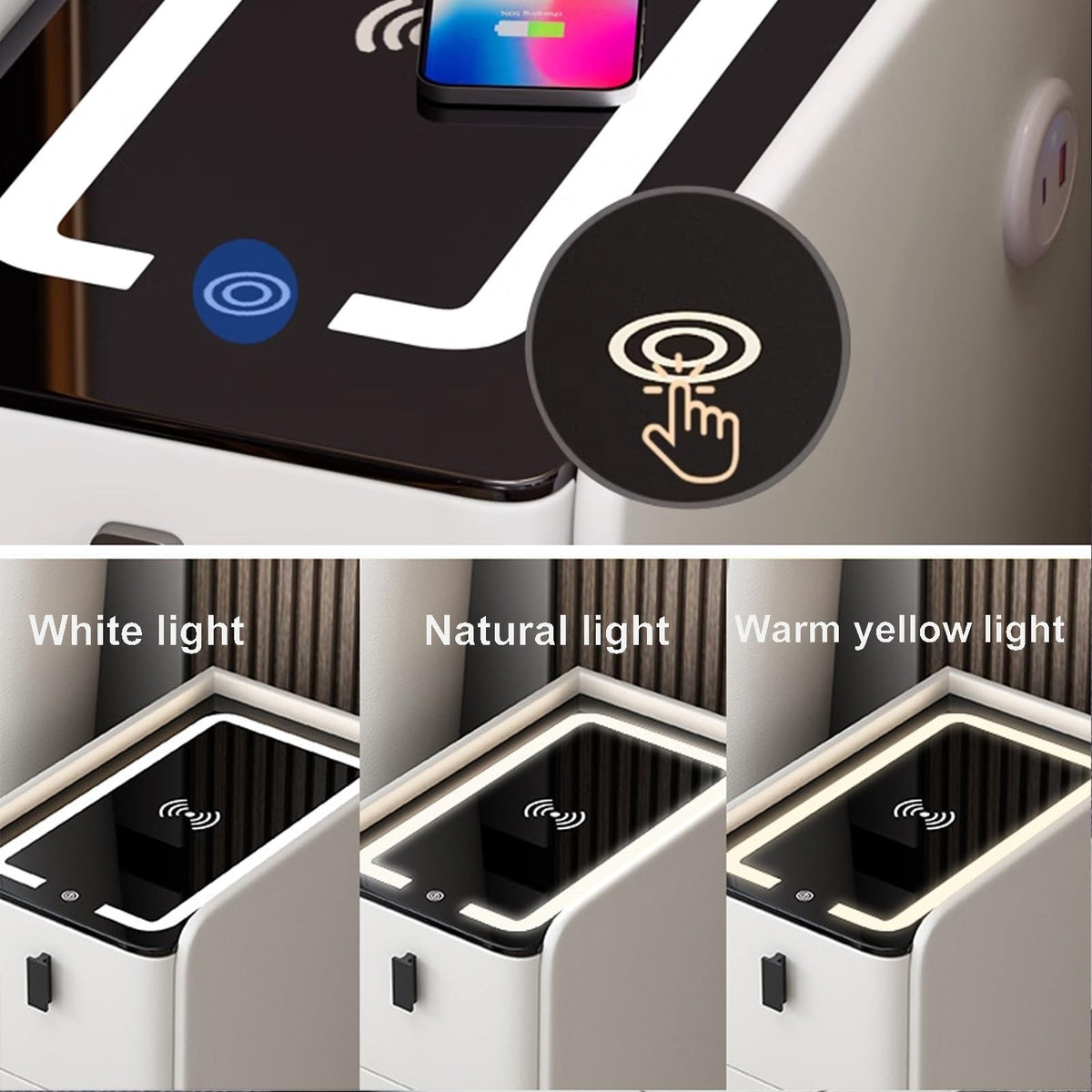 White Smart Nightstand with Fingerprint Lock, Wireless Charging, Speaker, USB Port, 3 LED Lights, 2 Storage Drawers Q62262