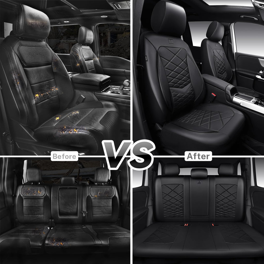 Water Resistant Faux Leather Seat Covers Full Set with Lumbar Support Solid Black K393